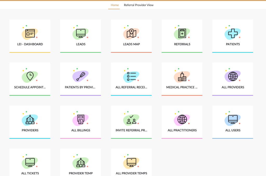 The Saffron Solution Referring Provider Dashboard displaying platform modules: Leads, Leads Map, Referrals, Patients, Scheduling, Providers, Billings, and Analytics