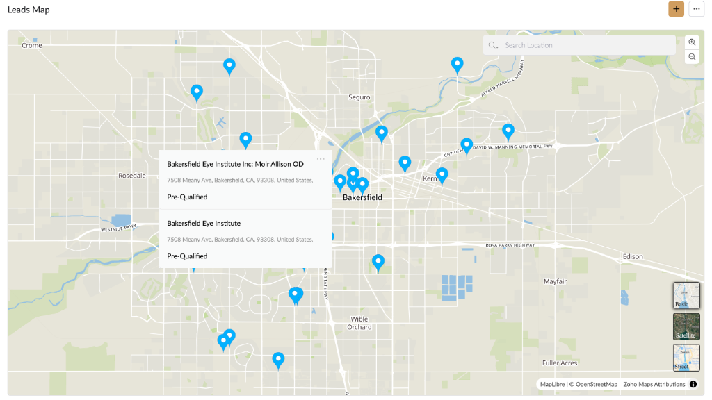 Leads Map showing provider locations, map pins, and popup for Bakersfield Eye Institute Inc with Pre-Qualified status