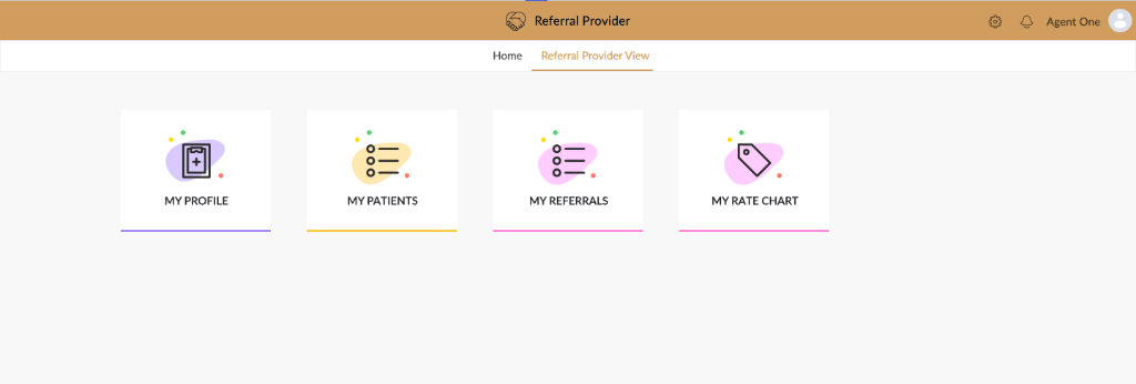 Referring Provider View interface showing four primary action cards: My Profile, My Patients, My Referrals, and My Rate Chart